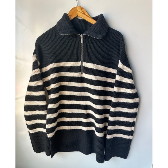 H & M Sweater Knit Wool Blend Striped Black/Cream Half Zip Pullover Oversized XS - Picture 5 of 8